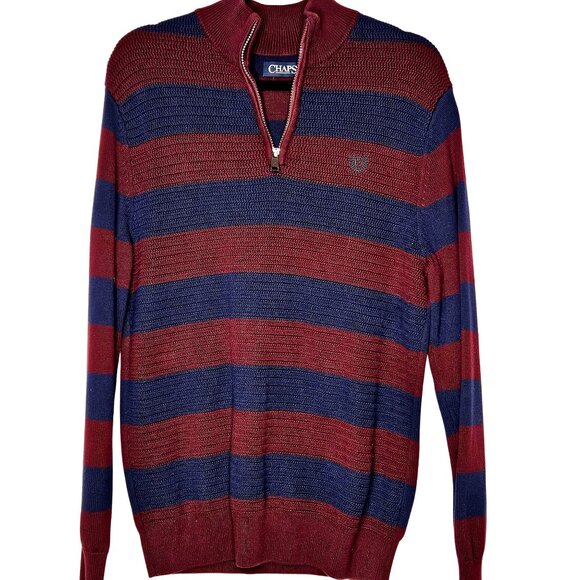 Preppy Mens Chaps zip collar crested stripped preppy colligate textured sweater - Picture 1 of 9
